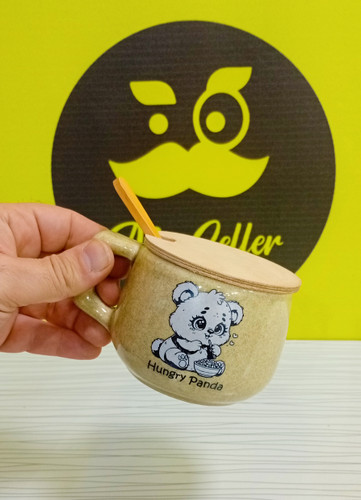 ماگ پاندا با درب و قاشق چوبی