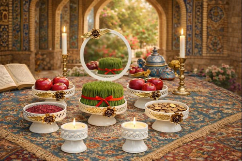 هفت سین با آیینه شمعدان فلزی رنگ ثابت رز